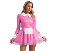 Manyakai Women's Shiny Leather Maid Dress Zipper Back Doll Collar Long Sleeves Sissy Dress Pink L