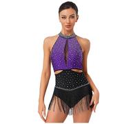 Manyakai Womens Sleeveless Latin Dance Costume Shiny Rhinestone Tassel Leotard For Ballet Rumba Purple L