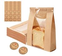 ManyDFYu 120 Pcs Thick Paper Bakery Pouches with Clear View Window, Large Food Wrapping Bags for Homemade Loaf, Sourdough and Baked Goods Storage, Disposable Bakery Packaging Supplies with Stickers