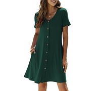 Manydress Women's Clothing Summer Casual T Shirt Dresses Button Down Swing Dress with Pockets MY035, Dark Green, Medium