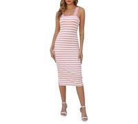 Manydress Women's Striped Beach Sundress Summer Casual Square Neck Fitted Bodycon Tank Midi Dress MY334, Pink Stripe, S