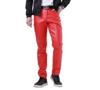 MANYMANY Men Black & Red Leather Pants Jeans Green Faux Leather Trouser Motorcycle Biker PU Pant for Men