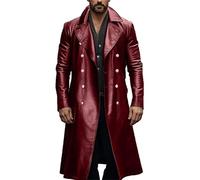 MANYMANY Men's Long Leather Trench Coat Mens Windproof Faux Leather Long Coat Double-Breated PU Leather Trench Coat
