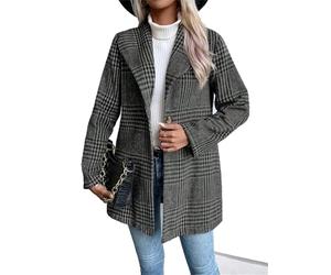 MANYMANY Women's Checked Tweed One Button Blazer Jacket Lapel Long Sleeve Plaid Suit Jacket Retro Tartan Fitted Wool Blazer