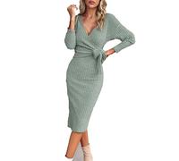 MANYMANY Women's Fall Knitted Bodycon Midi Dress Elegant Wrap V Neck Tie Waist Sweater Dresses
