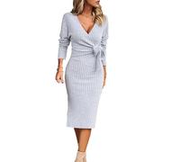 MANYMANY Women's Fall Knitted Bodycon Midi Dress Elegant Wrap V Neck Tie Waist Sweater Dresses