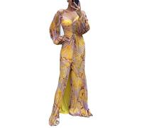MANYMANY Women's Off Shoulder Pleated Printed Slit Prom Dress Long Sleeves Deep V Chiffon Formal Evening Gowns