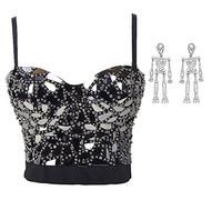 MANYMANY Womens Pearls Beaded Sequin Red Bustiers Sexy Club Bustiers Ladies Bling Laser Rhinestone Bra Corset
