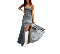 MANYMANY Women's Spaghetti Strap Sleeveless Denim Maxi Dress Vintage Flowy Denim Long Dress Button Down A Line Jean Dress