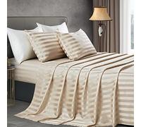 Manyshofu Beige Satin Striped Sheets - Queen Size, 4Pc Sheet Set (1 Fitted, 1 Flat, 2 Pillowcases), Cooling Silky Satin, Luxury Bedding