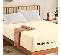 Manyshofu Queen Extra Deep Pocket Fitted Sheet Only - 1800 Thread Count Hotel Deep Fitted Sheet Up to 24 Inches Mattress, Light Beige Bottom Sheet 18-24 Inch Microfiber Deep Queen Mattress Sheets