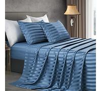 Manyshofu Slate Blue Striped Sheets - 3Pcs Twin Size Sheet Set (1 Fitted Sheet, 1 Flat Sheet, 1 Pillow Cases), Cooling Silky Satin, Luxury Bedding