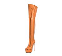 MANYUBEI Women's Over The Knee Boots, Ladies Thigh High Boots Platform Stiletto Heel Large Size Round Toes Back Zipper Long Boots, 15 Cm/5.90 Inches Orange, 45 EU