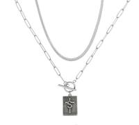 MANZHEN Layered Initial Cross Necklace Set, Silver Snake Chain with Square Letter Pendant, Toggle Clasp Choker for Women, 18 inches, Metal, No Gemstone