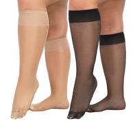 MANZI 15D Knee High Socks Plus Size Pop Socks Black Knee High Tights with Comfort Top Reinforced Toes 6 Pairs Black*3+Natural*3