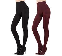 MANZI 2 Pairs 70 Denier Microfiber Control Top Tights Soft Semi Opaque Footed Coloured Tights for Women Black+Port Royale M