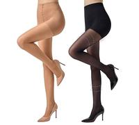 MANZI 2 Pairs Compression Tights 30D Sheer Shapewear Pantyhose Firm Support Tights for Women Black Natural S