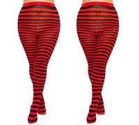 MANZI 2 Pairs Ladies Plus Size Christmas Striped Tights Fancy Dress Stripe Stocking Tights for Women Halloween Christmas Cosplay Costume Black/Red