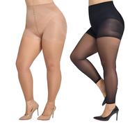 MANZI 2 Pairs Plus Size Footless Tights for Women 30 Denier Tummy Control Dance Pantyhose Black Natural XL-XXL