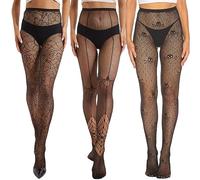 MANZI 3 Pairs Halloween Suspender Tights Ladies Black Fish Net Stockings Halloween Fishnet Patterned Tights for Women(Spiderweb/Spider/Skull)