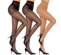MANZI 3 Pairs Women's Ultra Sheer Silky High Waist Tights Control Top Transparent Glossy Pantyhose with Reinforced Toes Black Natural X-Large