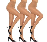 MANZI 3 Pairs Women's Ultra Sheer Silky High Waist Tights Control Top Transparent Glossy Pantyhose with Reinforced Toes Natural Small