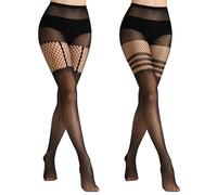 MANZI Faux Thigh High Fishnet Tights Goth Striped Mock Suspender Stockings Garter Illusion Tights（Suspenders+Stripes）