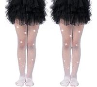 MANZI Girls Fishnet Tights Rhinestone Black Tights for Girls Sparkle Fishnet Stockings for Ballet Costume Halloween(Pack of 2) White