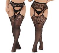 MANZI Women Suspender Tights Plus Size Lace Patterned Garter Stockings Sexy Fishnet Thigh High 2 Pairs