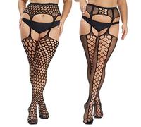 MANZI Women Suspender Tights Plus Size Lace Patterned Garter Stockings Sexy Fishnet Thigh High 2 Pairs