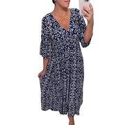MAOAEAD Bohemian Casual Print V-neck Elasticated Waist Wrap Long Dress, Elegant Print Maxi Dress for Women Summer Loose Frill Sleeve Beach Dresses (Navy,4XL)