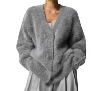 MAOAEAD Luxurious Cashmere Cardigan, Women's Solid Color Fluffy Knitting Sweater Cardigan, V-Neck Open Front Stylish Soft Jacket (Grey,L)
