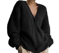 MAOAEAD Luxurious Cashmere Cardigan, Women's Solid Color Fluffy Knitting Sweater Cardigan, V-Neck Open Front Stylish Soft Jacket (Black,XL)