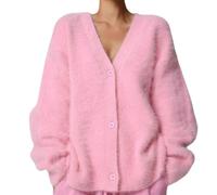 MAOAEAD Luxurious Cashmere Cardigan, Women's Solid Color Fluffy Knitting Sweater Cardigan, V-Neck Open Front Stylish Soft Jacket (Pink,M)