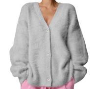 MAOAEAD Luxurious Cashmere Cardigan, Women's Solid Color Fluffy Knitting Sweater Cardigan, V-Neck Open Front Stylish Soft Jacket (Light Grey,L)