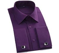 MAOAEAD Men's Long Sleeve Shirt Classic French Cuffs Striped Dress Shirt Single Patch Pocket Standard-fit Business Shirts (Purple(Cufflinks Random),41/XL)