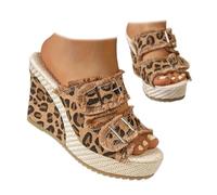 MAOAEAD Women's Denim Wedge Sandals Open Toe Platform Espadrilles Slingback Mules with Double Buckle Comfortable Casual Summer Beach Shoes (Dark Brown,4)