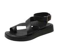 MAOAEAD Women's Soft Leather Platform Roman Sandals, Black Ankle Strap Sandals Comfortable Bunion Correction Toe Loop Sandals (Black,40)