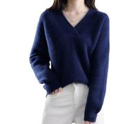 MAOAEAD Women's V-Neck Cashmere Sweater, Cozy Warm Long Sleeve Pullover Sweaters Ladies Fall Stylish Soft Knit Jumpers Tops (Navy,M(45-55kg))