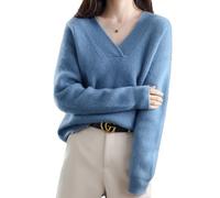 MAOAEAD Women's V-Neck Cashmere Sweater, Cozy Warm Long Sleeve Pullover Sweaters Ladies Fall Stylish Soft Knit Jumpers Tops (Fog Blue,M(45-55kg))