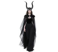 MAOFENG Women's Gothic Evil Queen Costume Demon Horns with Black Feather Collar Mesh Cloak Set for Halloween Cosplay Party