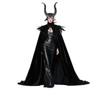 MAOFENG Women's Gothic Evil Queen Costume Demon Horns with Black Feather Collar Velvet Cloak Set for Halloween Cosplay Party