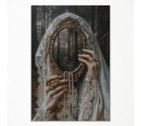 Maogaideng Dark Academia Print Canvas, Moody Victorian Wall Art, Witch Mirrored Reverie Picture Painting, Gothic Woman Dark Wall Art, Halloween Aesthetic Poster for Wall 16x24in Unframed