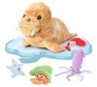 MaoGoLan Walrus Teddy Plush, 45cm 5-in-1 Mommy Walrus Set with Starfish, Lobster, Squid & Crab, Ocean Stuffed Animal Soft Toy for Kids, Mouth Compartment Storage, Birthday, Christmas & Party Favours