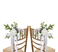 Maoiut Wedding Aisle Chair Decorations Set of 6 Artificial Rose Flowers Eucalyptus with Ribbons for Wedding Ceremony Party Decor Chair Back Floral (White),46x27cm / 18.1x10.63in