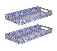 MAONAME Blue Vanity Tray Set of 2, Plastic Decorative Tray with Handles, Moroccan Bathroom Tray for Toilet Tank, Sink Counter, 13.8" X 6" X 1.57"