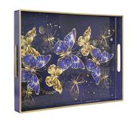MAONAME Rectangular Decorative Tray, Butterfly Plastic Serving Tray with Handles, Modern Blue Trays for Ottoman, Coffee Table Trays for Living Room, Home Decor, 15.8" x 11.8" x 1.6"