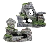 MaoNativey Aquarium Cave with Grass Design, 2-Piece Set - Fish & Shrimp Hideout Cave Made of Resin - Natural Rock Decor with Mountain Landscape for Aquatic Habitats