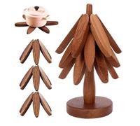 MaoNativey Set of 3 Wooden Christmas Tree Shaped Coasters with Storage Stand - Heat Resistant & Foldable Table Protectors for Hot Pots, Pans, Bowls