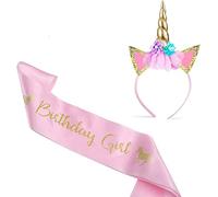 MaoNativey Unicorn Headband and Sash Gold, Pink Unicorn Birthday Cake Decoration Party Supplies for Girls Birthday Party Birthday Cosplay Festivals
